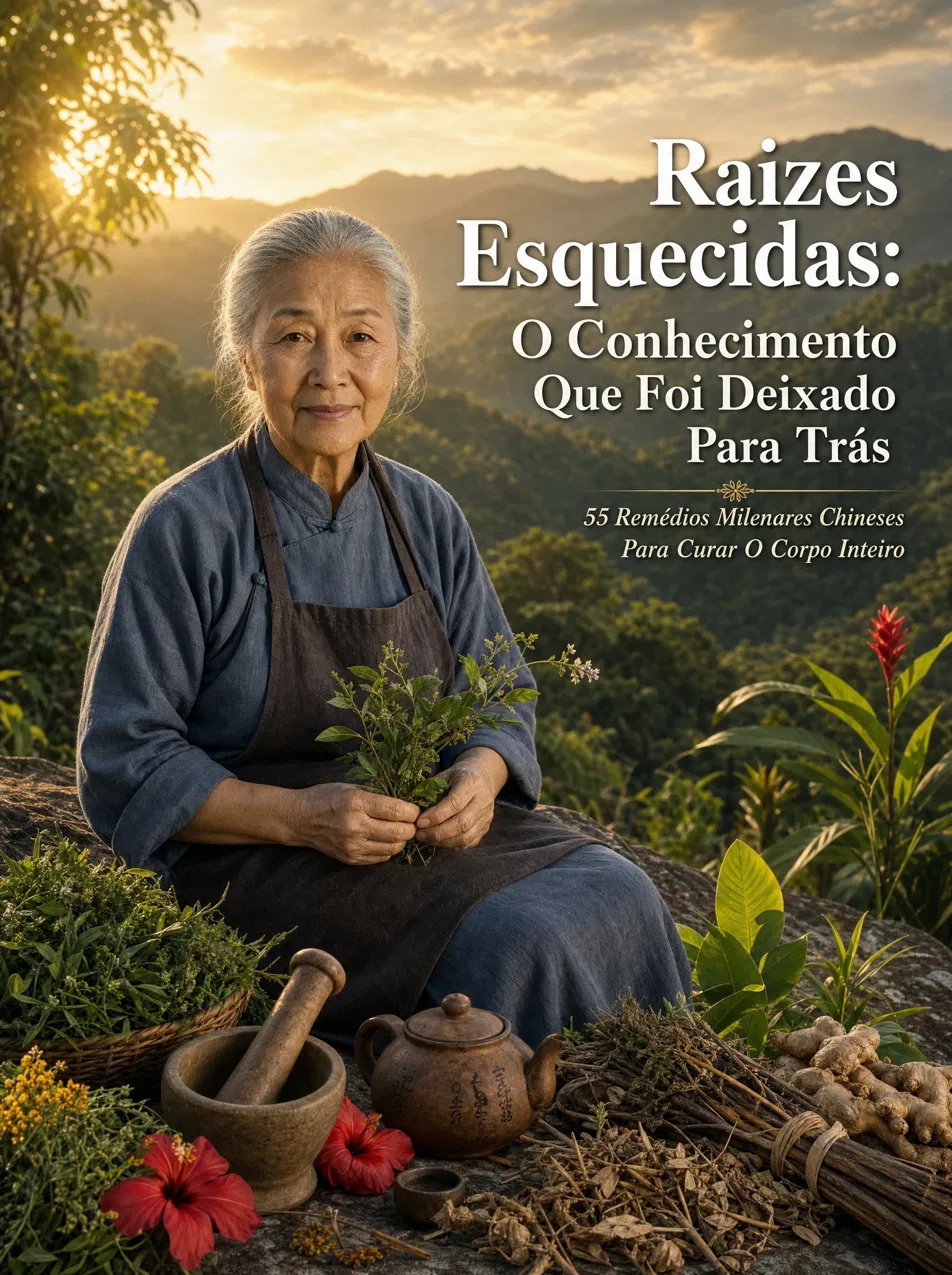 Capa de Raízes Esquecidas, com a Vovó Mei entre ervas e montanhas